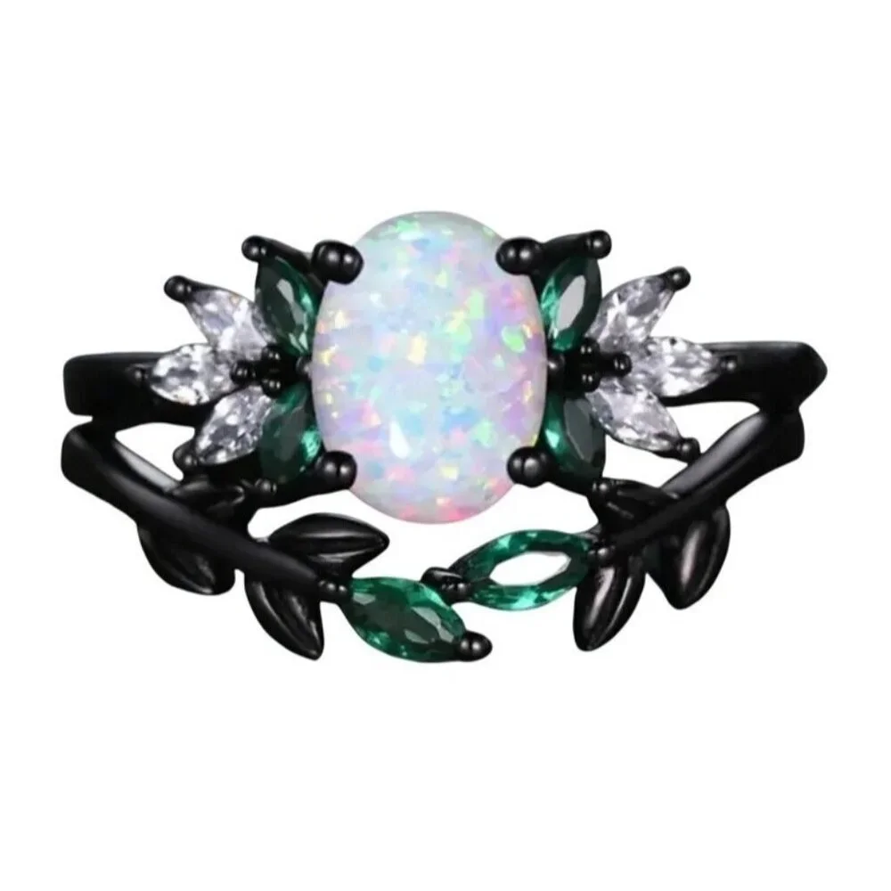 2 Pieces Oval Cut Ethiopian Fire Opal Black Gold Plated Engagement Ring Set